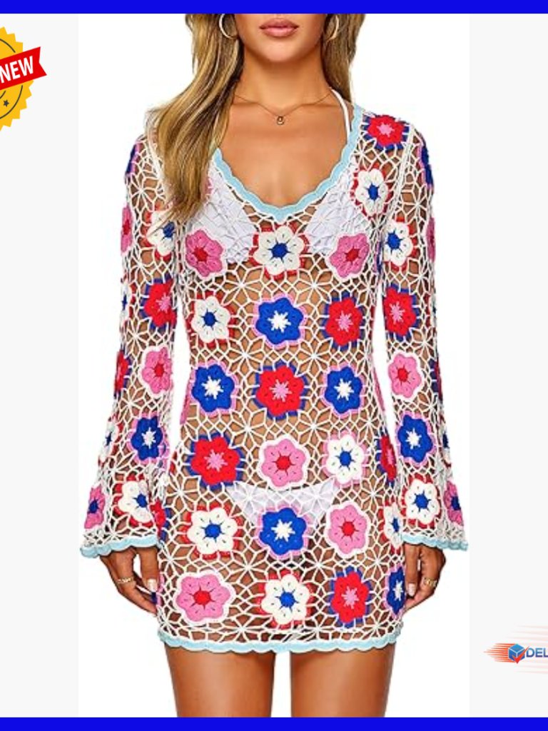 Crochet Beach Cover Up Dress Boho Bell Sleeve 3d Floral Embroidery Medium